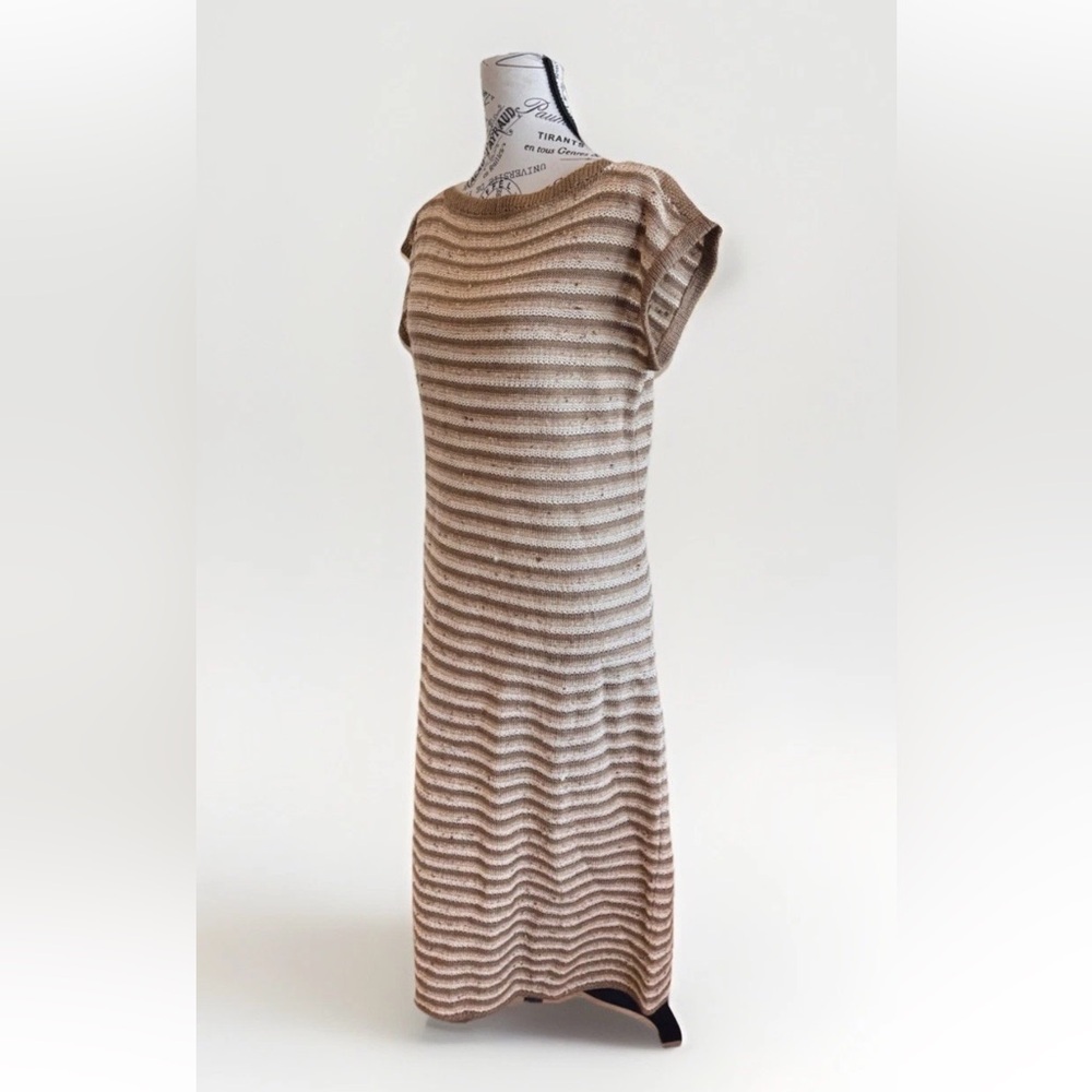Vintage 70s St John Knit Maxi Dress Brown Beige Stripe Side Women’s One Size